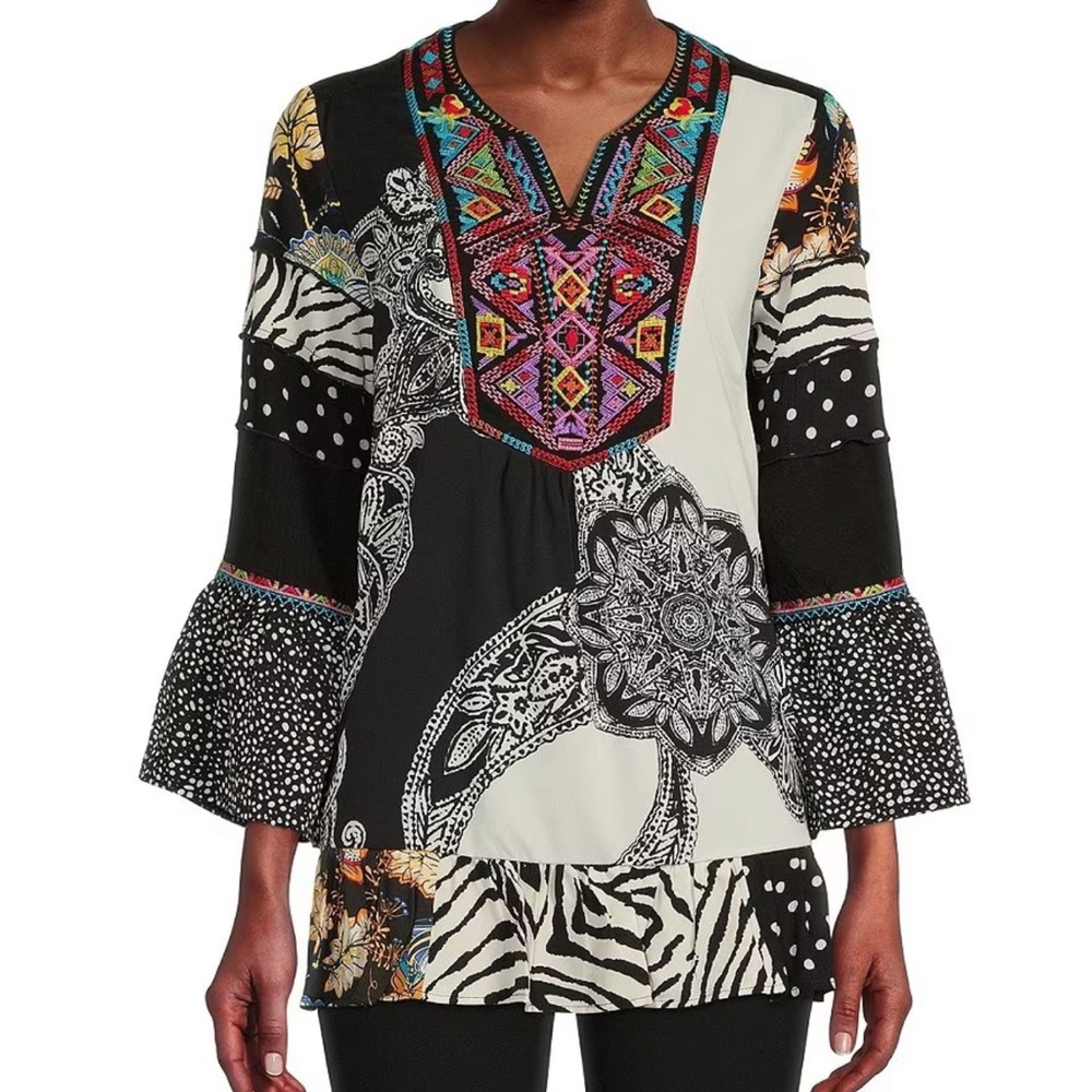 Calessa Embroidered Multi Print Split Round Neck 3/4 Bell Sleeve Woven Tunic.